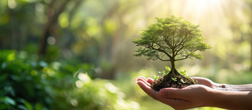 Environmental friendly concept Human hand holding big tree over blurred green nature background. Creative Banner. Copyspace image