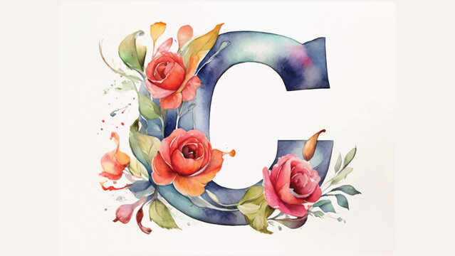 Alphabet letter C , Monogram C in Watercolor Floral Style on White background