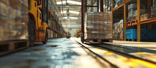 Cargo Shipment Delivery Freight truck transportation Warehouse worker working with hand pallet truck loading a large box on pallet. Creative Banner. Copyspace image