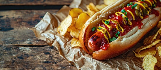Brazilian style hot dog with mustard ketchup and potato straw. Creative Banner. Copyspace image - obrazy, fototapety, plakaty