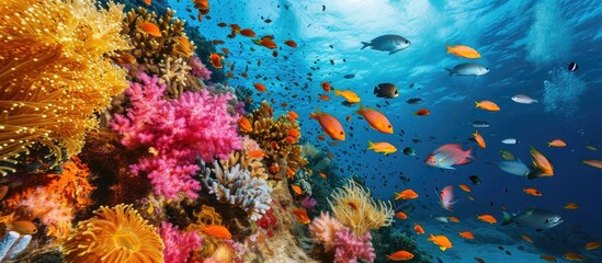 Fototapeta na wymiar Coral reef with branching coral and colorful tropical fish swimming underwater in a natural marine ecosystem attracting eco tourism and divers. Creative Banner. Copyspace image