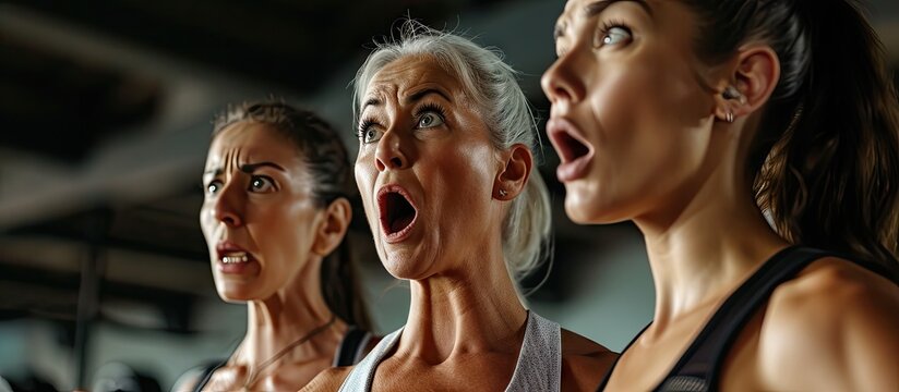 Family of three wearing sportswear at the gym in shock face looking skeptical and sarcastic surprised with open mouth. Creative Banner. Copyspace image
