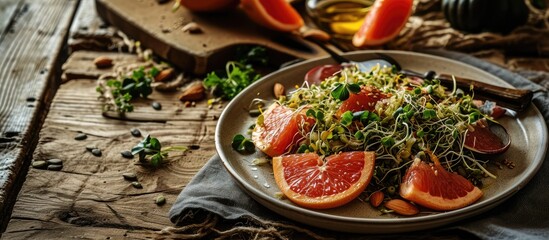 Fresh salad of grapefruit clover and alfalfa sprouts and pumpkin seeds and cutlery on a plate on the table Organic vegetarian detox food Vertical view. Creative Banner. Copyspace image - obrazy, fototapety, plakaty