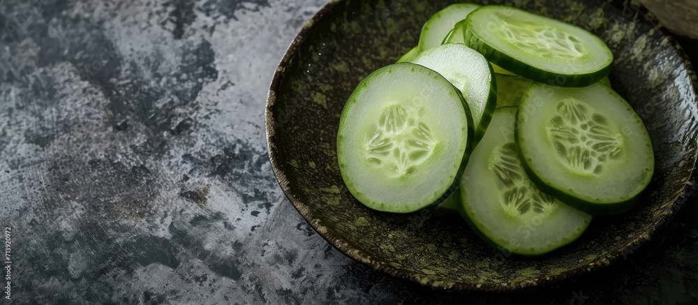 Poster fresh cucumber sliced in a plate on table. Creative Banner. Copyspace image