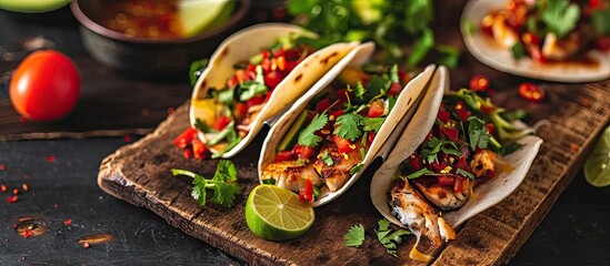 Delicious tacos with grilled fish cilantro lime cabbage carrot jalapeno and radish with mexican chili crema sauce. Creative Banner. Copyspace image