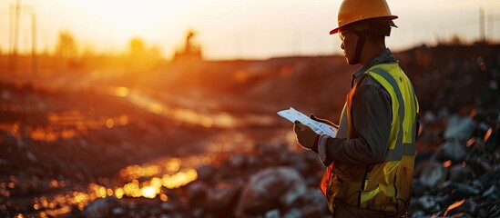 Defocused miner wearing a white fall protection safety helmet double checking on JHA Job Hazard Analysis and signing signature permit to work prior work on opening field construction site Austr