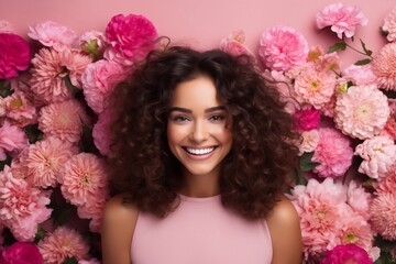 Obraz na płótnie Canvas Close-up cropped portrait of her she nice cute attractive lovely winsome charming cheerful cheery brunette latin lady hiding behind colorful flowers florist advert isolated on pink pastel background