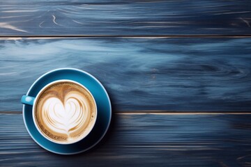 cup of blue with latte art on wooden background. Beautiful foam, blue ceramic cup, diagonal composition, place for text, blue wooden background - obrazy, fototapety, plakaty
