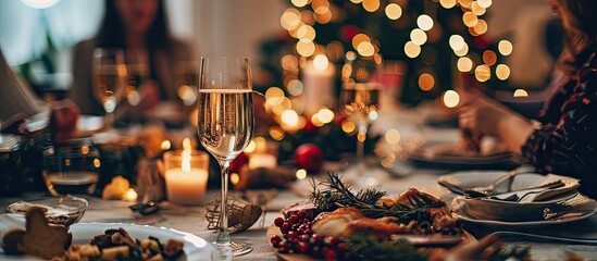 Excited woman discussing with close friend at Christmas dinner while drinking champagne Festive diverse people celebrating winter feast with sparkling wine and traditional home cooked food - obrazy, fototapety, plakaty