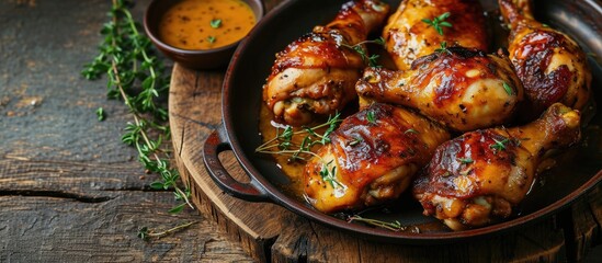 chicken legs on brown plate with mustard sauce and thyme. Creative Banner. Copyspace image