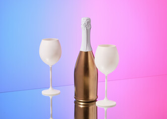 Champagne and two glasses. An elegant alcoholic composition.