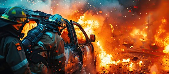 Brave firefighters releasing man from burning car. Creative Banner. Copyspace image - obrazy, fototapety, plakaty