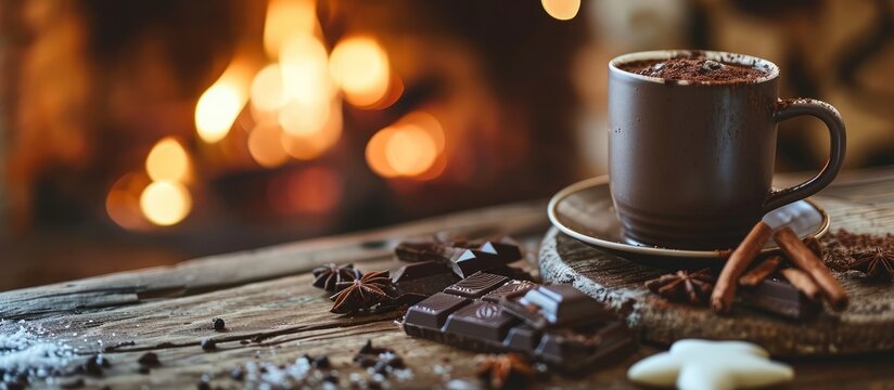 Cocoa with marshmallows and chocolate in a glass mug on a wooden table near a burning fireplace horizontal banner. Creative Banner. Copyspace image