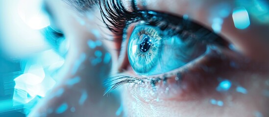 Doctor examines the patient s vision using a realistic human eye hologram Modern ophthalmologist vision concept laser eye surgery cataract astigmatism digital healthcare and hologram network