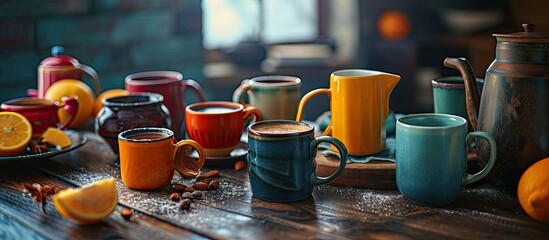 Breakfast relaxation time concept Different coffee mugs and cups on a cozy kitchen table Top view flat lay background. Creative Banner. Copyspace image