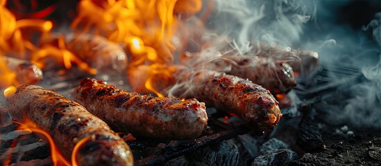 Brats being cooked on a grill with flame and smoke. Creative Banner. Copyspace image - obrazy, fototapety, plakaty
