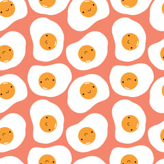 Seamless scrambled egg pattern. Kawaii fried egg on a pink background. For packaging, clothing, background, cover, case