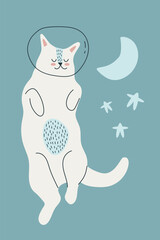 Cute cat astronaut, moon and stars. Baby concept. For poster, greeting card, print, packaging.