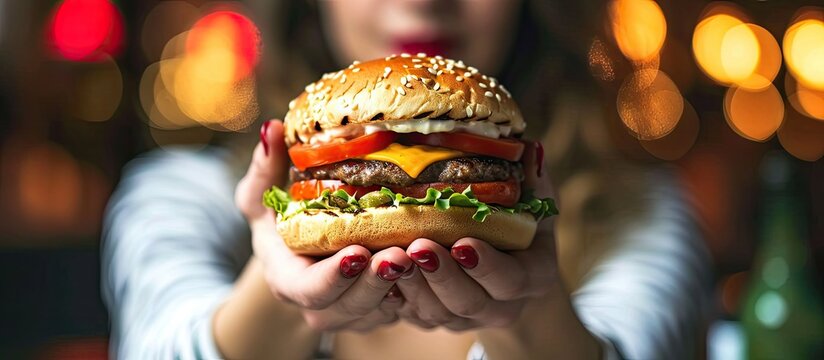 Burger in hand Big tasty burger in the girl s hand Big Mac. Creative Banner. Copyspace image