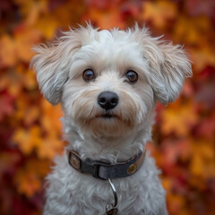 Generative AI, Autumn Splendor: Captivating Bichon Frize Dog Portrait Amidst a Kaleidoscope of Fall Leaves