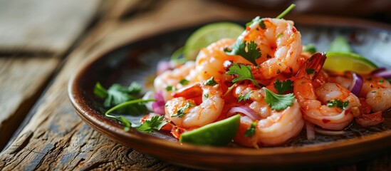 Ecuadorian shrimp ceviche a traditional appetizer On a white wooden table. Creative Banner. Copyspace image - obrazy, fototapety, plakaty