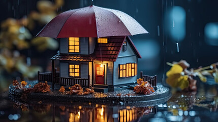 miniature small House model standing under umbrella in mud during heavy rain. House insurance and real estate protection concept