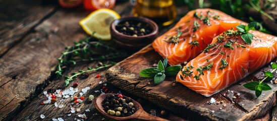 Fresh raw scandinavian salmon fillet Rosemary and thyme Salt and pepper On old wooden board Pescetarian seafood for cooking Preparation nutrition seafish Horizontal top view. Creative Banner