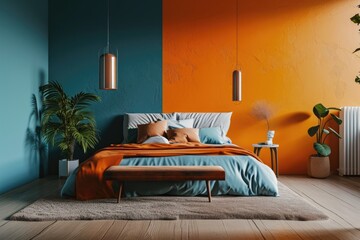 Modern bedroom interior with trendy combination of  blue and orange colors elements