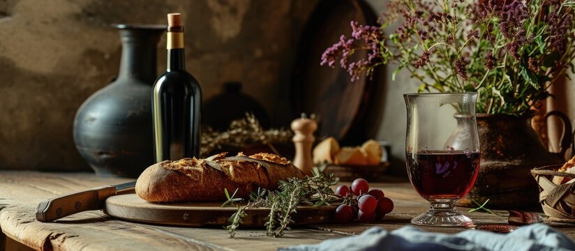 Bread cup of wine and crown of thorns on old table. Creative Banner. Copyspace image