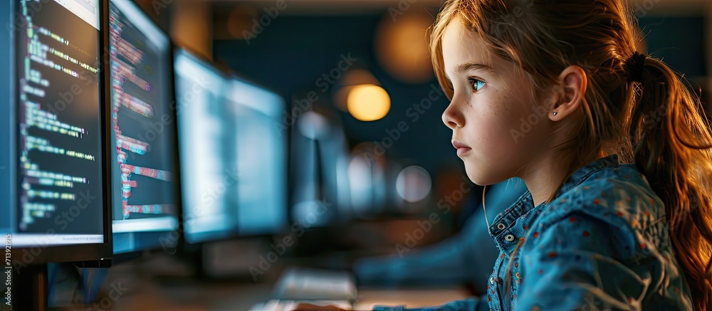 Poster Elementary School Computer Science Classroom Cute Little Girl Uses Personal Computer Learning Programming Language for Software Coding Schoolchildren Getting Modern Education Over the Shoulder