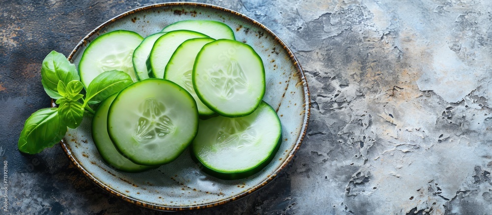 Poster fresh cucumber sliced in a plate on table. Creative Banner. Copyspace image