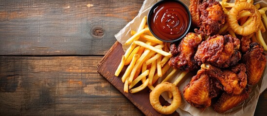 Fried Chicken wings with onion rings french fries and dipping sauce take away food. Creative Banner. Copyspace image - obrazy, fototapety, plakaty
