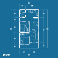 Floor plan blueprint type 50 sqm, Figure of the jotting sketch of the construction and the industrial skeleton of the structure and dimensions. vector eps 10