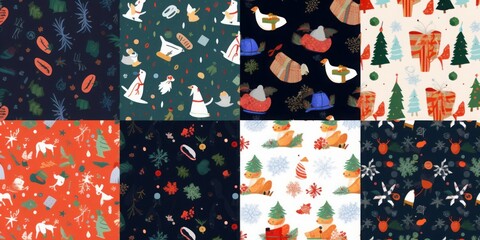Big set of New Year and Christmas seamless patterns with holiday symbols and elements. Christmas and New Year  backgrounds, Generative AI 