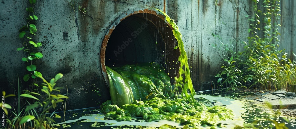 Aufkleber bright green polluted effluent flowing through a drainage pipe exiting through a concrete wall in an