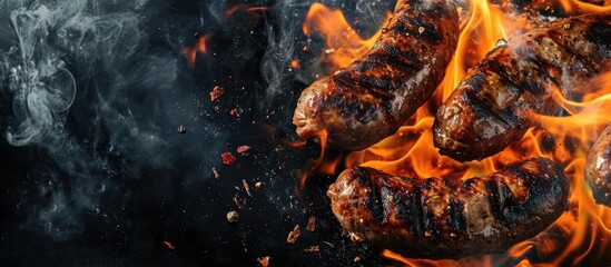Brats being cooked on a grill with flame and smoke. Creative Banner. Copyspace image - obrazy, fototapety, plakaty
