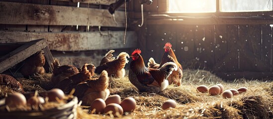 Fresh Chicken Rooster Eggs on Hay at Local Farmer Market. Creative Banner. Copyspace image