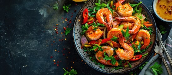 Fresh shrimp on white plate and fresh vegetables cooked shrimps prawns and seafood spicy chili sauce coriander cooking shrimp salad lemon lime. Creative Banner. Copyspace image - obrazy, fototapety, plakaty