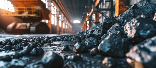 Big heap of dark black lump coal on floor bulk Charcoal sorage at warehouse stock reserve activated anthracite pile Power and heat generation Industrial and mining industry background - obrazy, fototapety, plakaty