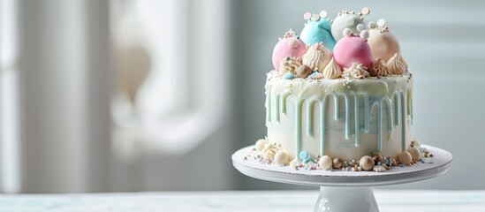Detail of a cake with decoration for baby baptism. Creative Banner. Copyspace image