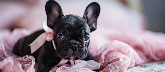 Black French Bulldog dog puppy with pastel colored lace ribbon. Creative Banner. Copyspace image