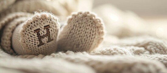 Close up of an embroidered beige brown letter H on a foot of a fluffy soft toy. Creative Banner. Copyspace image