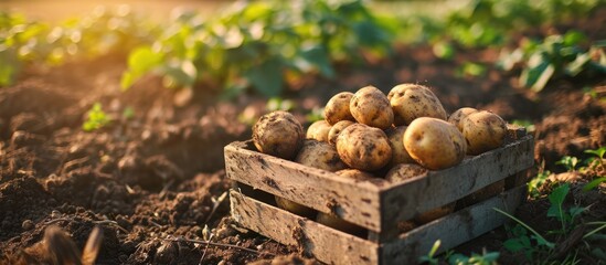 Fresh potatoes in a wooden box in field Harvesting organic potatoes Agriculture and farming. Creative Banner. Copyspace image