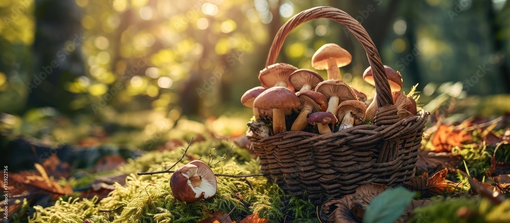 Poster edible mushrooms porcini in the wicker basket in grass in forest in sunligh close up. creative banne