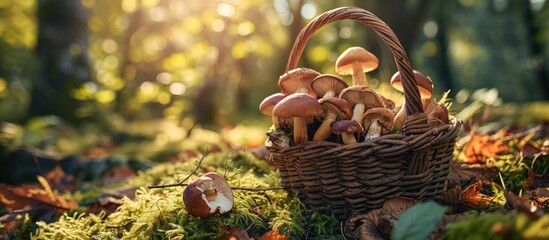 Edible mushrooms porcini in the wicker basket in grass in forest in sunligh close up. Creative Banner. Copyspace image - Powered by Adobe