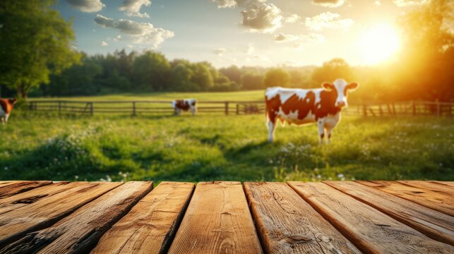 Empty wooden table top with meadow, farm, and cows on a grassy green field during the summer, morning light background. for display or montage of your products.