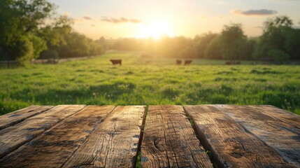 Empty wooden table top with meadow, farm, and cows on a grassy green field during the summer, morning light background. for display or montage of your products.