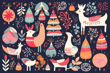 Christmas pattern in Scandinavian folk style with deer, Christmas tree, bird and other, Generative AI 