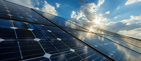 Close up rows array of polycrystalline silicon solar cells in solar power plant turn up skyward absorb the sunlight from the sun use light energy to generate electricity alternative renewable e