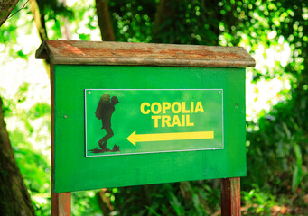 Starting point to the hiking trail leading to the top of Mount Copolia, Island Mahé, Republic of Seychelles, Africa.